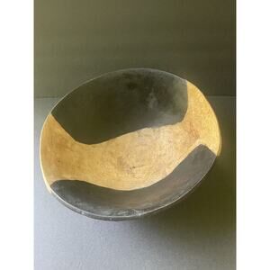 Vintage Hand Carved Tribal MCM Round Serving Hand Crafted Brown Tan Wooden Bowl